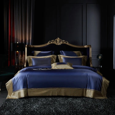 Gold Blue Luxury Royal Egyptian Cotton Wedding Bedding Set